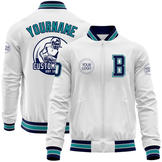 Custom White Navy Gray-Teal Bomber Varsity Letterman Zipper Jacket - Main View