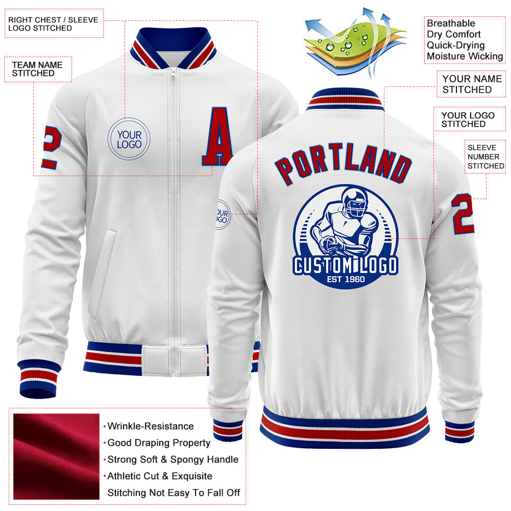 Custom White Red-Royal Bomber Varsity Letterman Zipper Jacket view 4