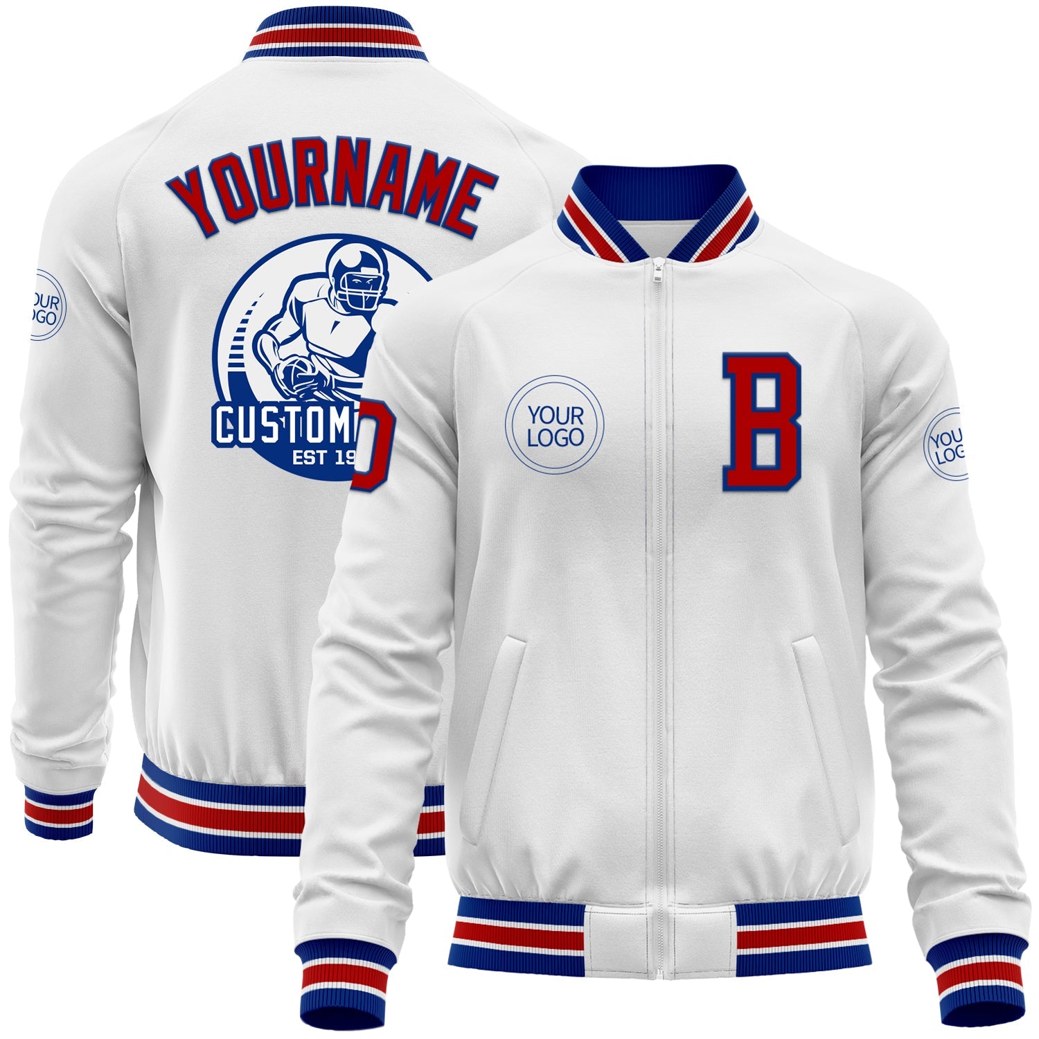 Custom White Red-Royal Bomber Varsity Letterman Zipper Jacket - Main View