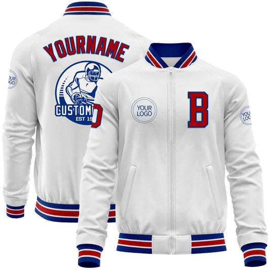 Custom White Red-Royal Bomber Varsity Letterman Zipper Jacket - Main View