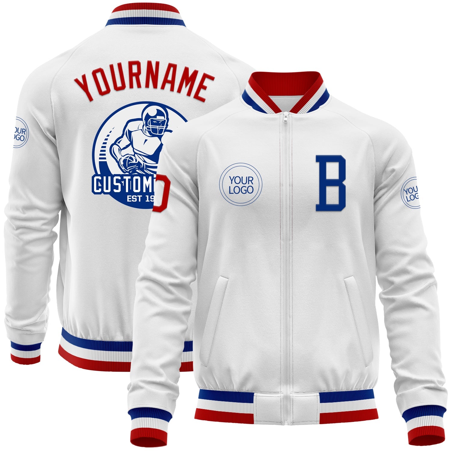 Custom White Red-Royal Bomber Varsity Letterman Zipper Jacket - Main View