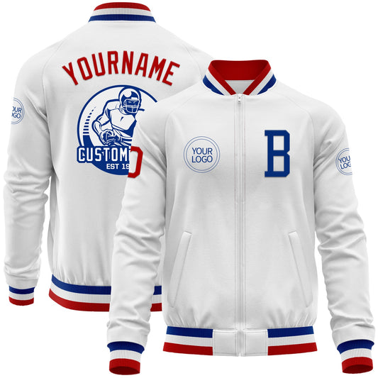 Custom White Red-Royal Bomber Varsity Letterman Zipper Jacket - Main View