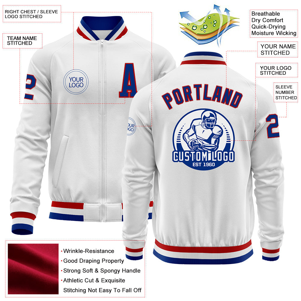 Custom White Royal-Red Bomber Varsity Letterman Zipper Jacket view 4
