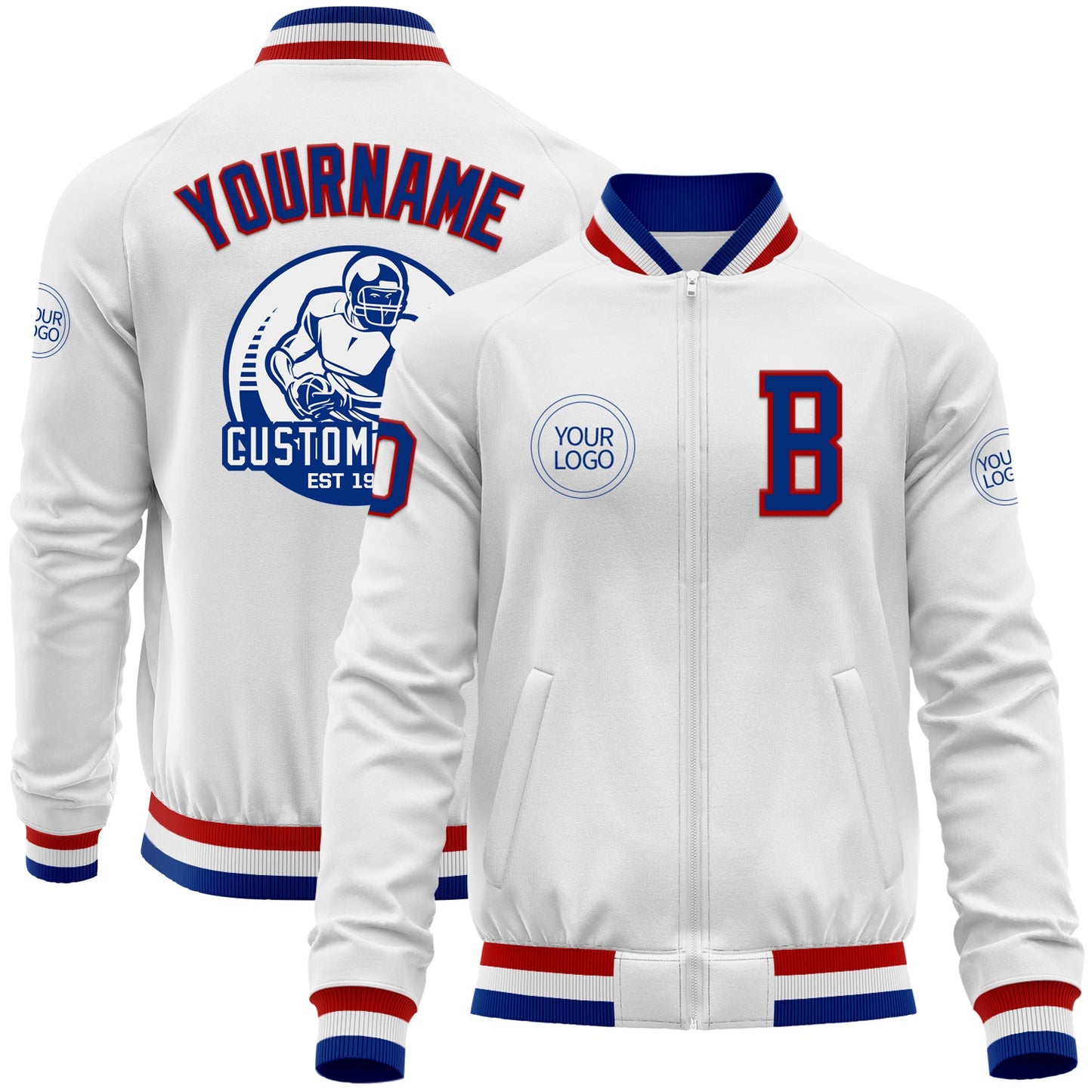 Custom White Royal-Red Bomber Varsity Letterman Zipper Jacket - Main View