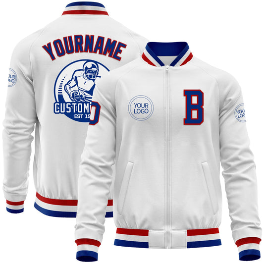 Custom White Royal-Red Bomber Varsity Letterman Zipper Jacket - Main View