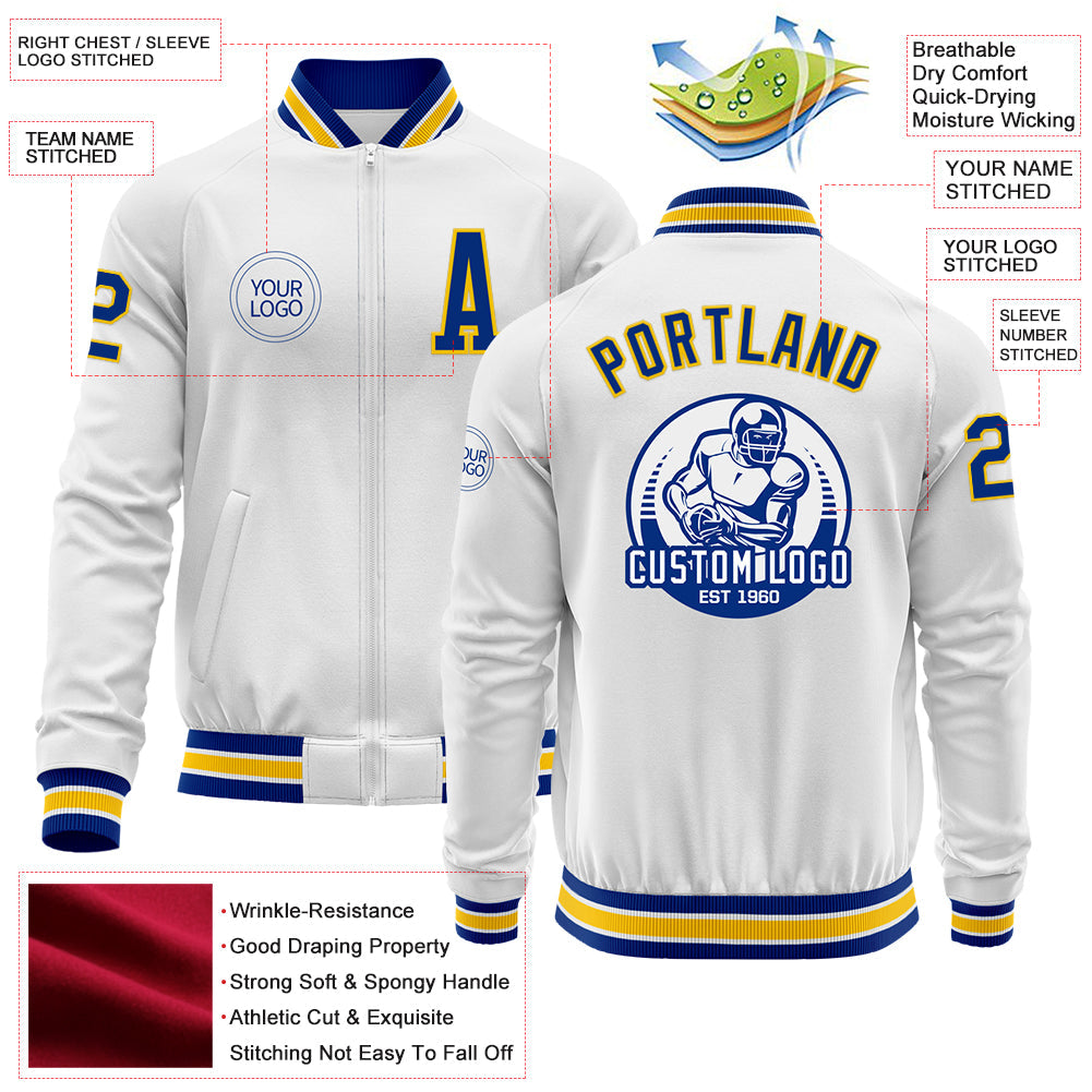 Custom White Royal-Yellow Bomber Varsity Letterman Zipper Jacket view 4