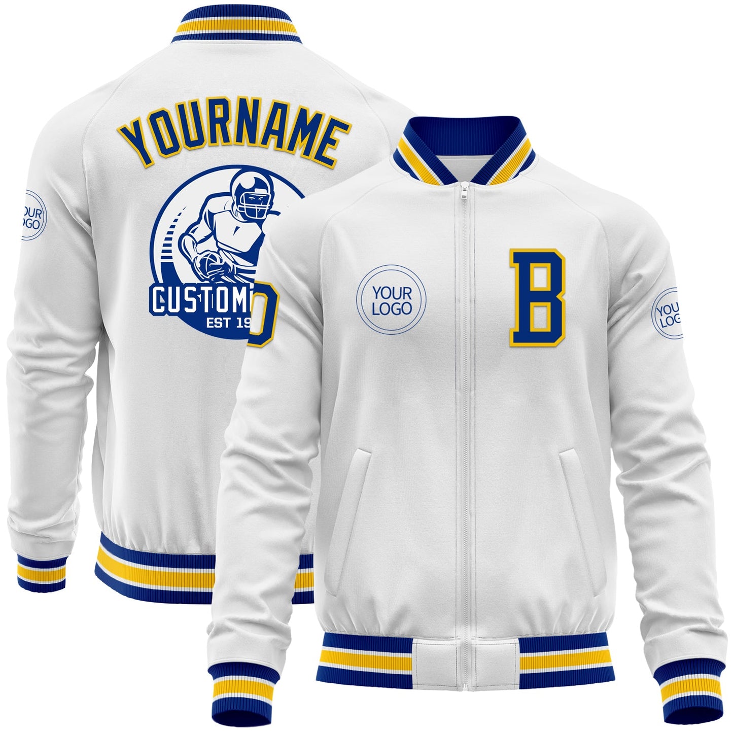 Custom White Royal-Yellow Bomber Varsity Letterman Zipper Jacket - Main View