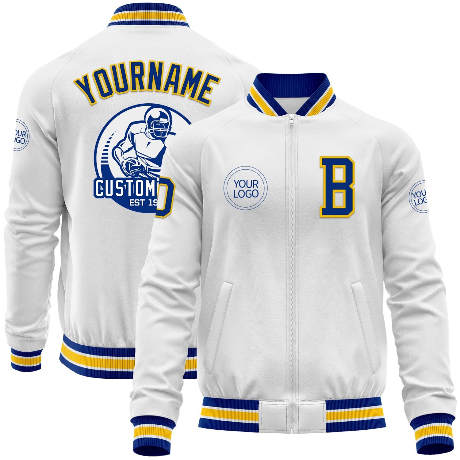 Custom White Royal-Yellow Bomber Varsity Letterman Zipper Jacket - Main View