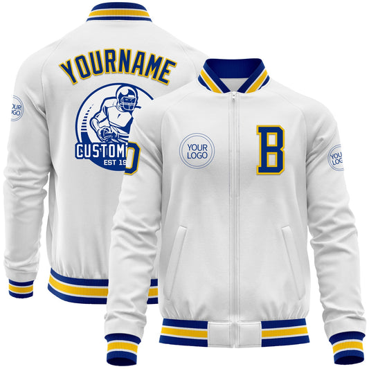 Custom White Royal-Yellow Bomber Varsity Letterman Zipper Jacket - Main View
