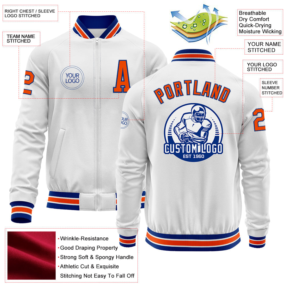 Custom White Orange-Royal Bomber Varsity Letterman Zipper Jacket view 4