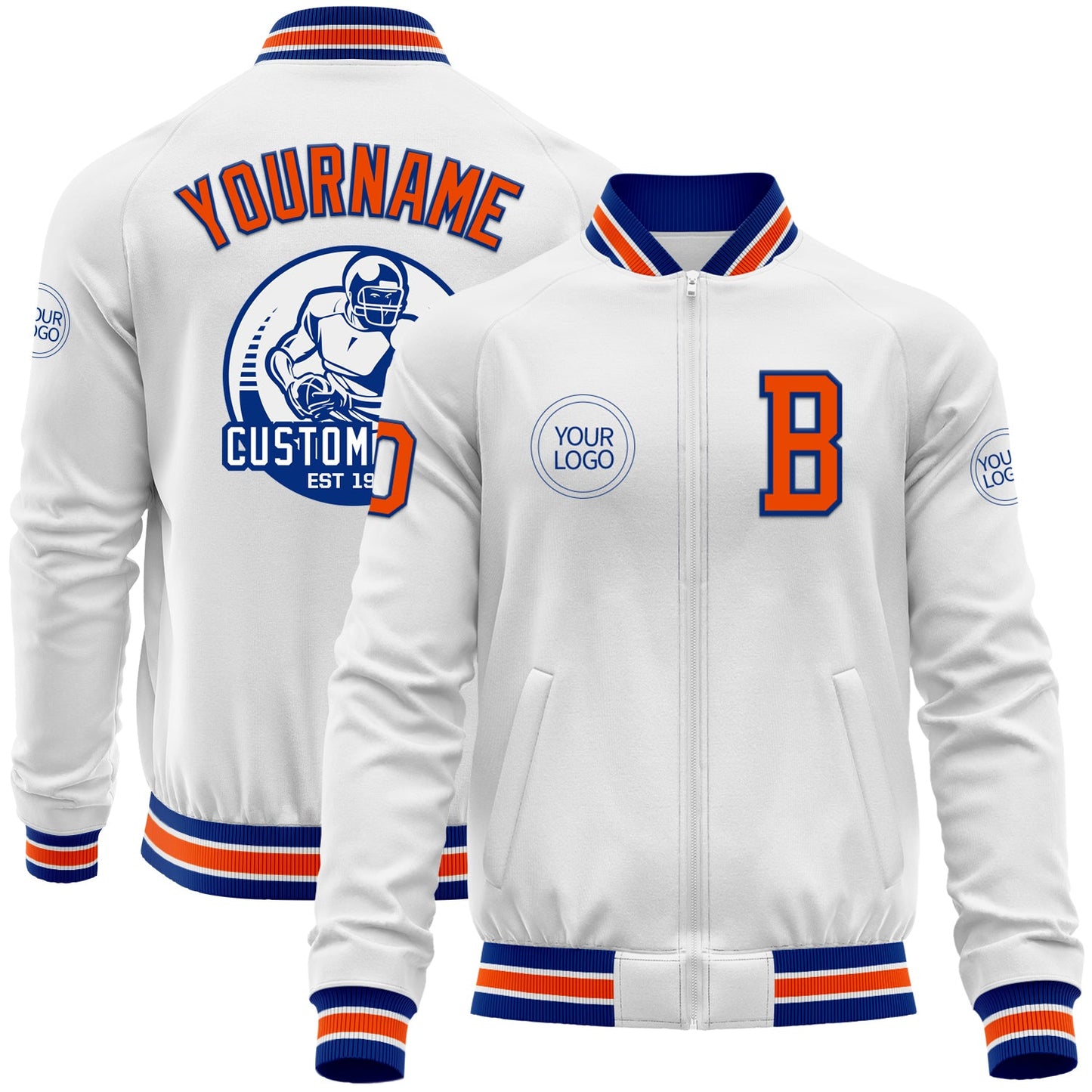 Custom White Orange-Royal Bomber Varsity Letterman Zipper Jacket - Main View