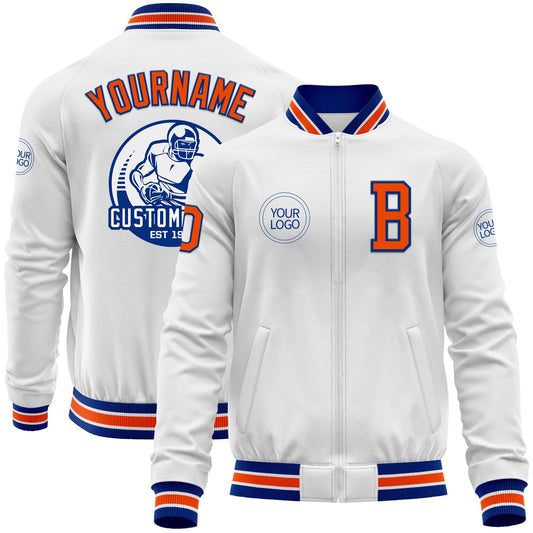 Custom White Orange-Royal Bomber Varsity Letterman Zipper Jacket - Main View