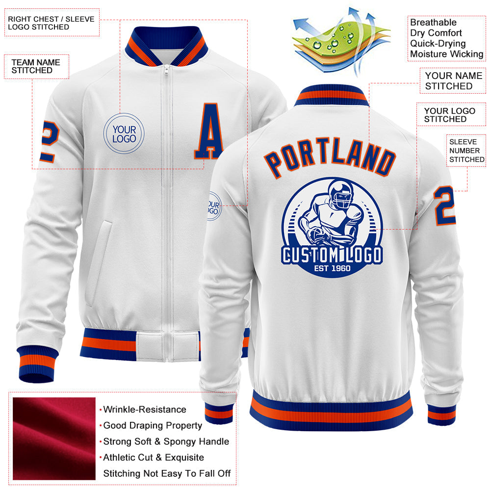 Custom White Royal-Orange Bomber Varsity Letterman Zipper Jacket view 4