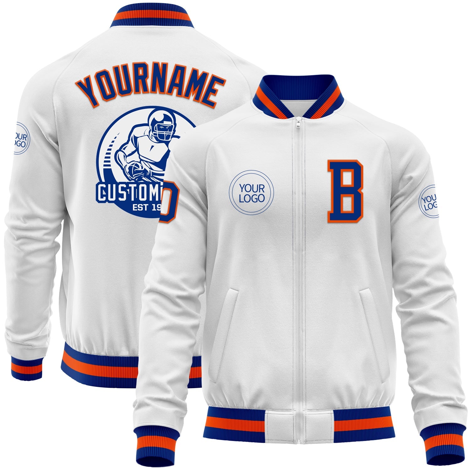 Custom White Royal-Orange Bomber Varsity Letterman Zipper Jacket - Main View