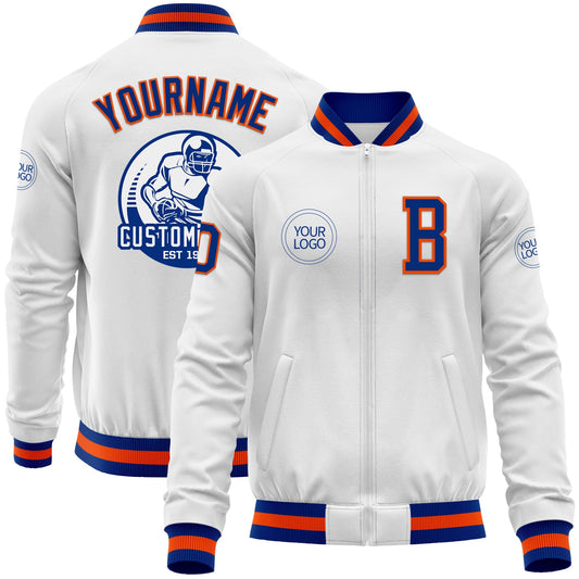 Custom White Royal-Orange Bomber Varsity Letterman Zipper Jacket - Main View