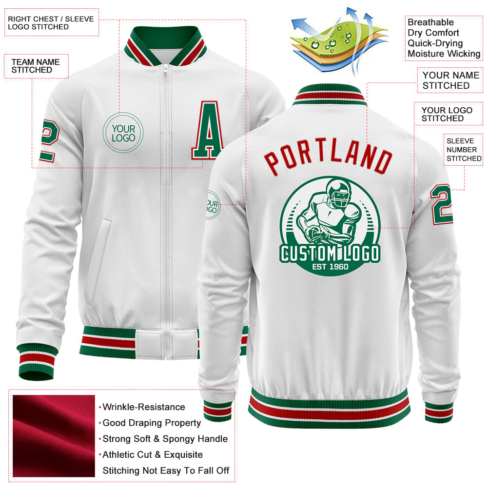 Custom White Kelly Green-Red Bomber Varsity Letterman Zipper Jacket view 4