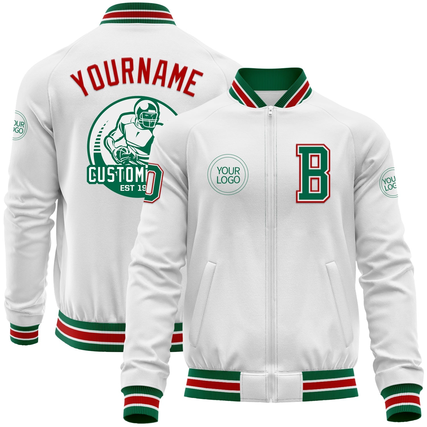 Custom White Kelly Green-Red Bomber Varsity Letterman Zipper Jacket - Main View