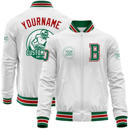 Custom White Kelly Green-Red Bomber Varsity Letterman Zipper Jacket - Main View