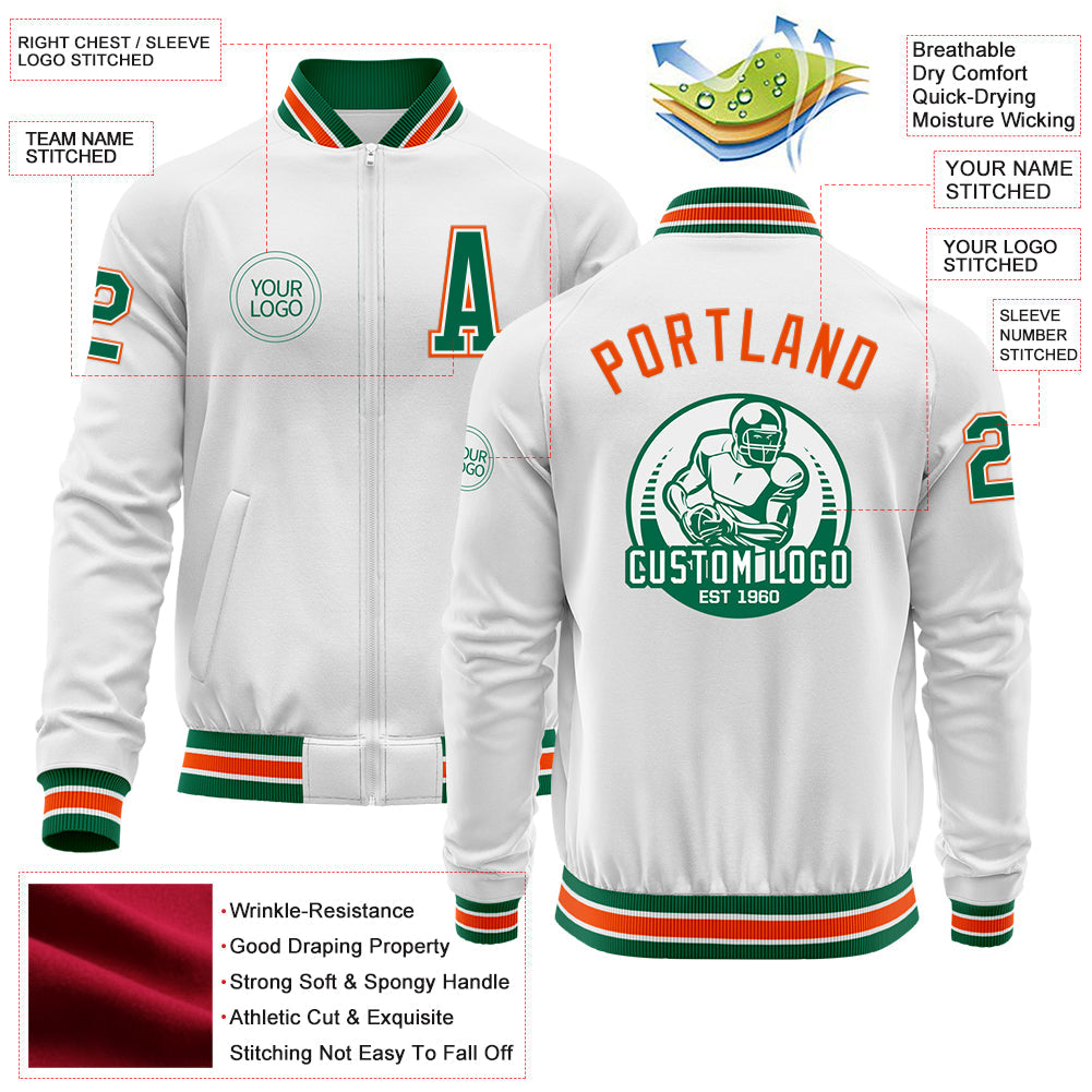 Custom White Kelly Green-Orange Bomber Varsity Letterman Zipper Jacket view 4