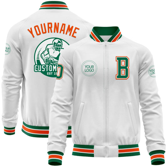 Custom White Kelly Green-Orange Bomber Varsity Letterman Zipper Jacket - Main View