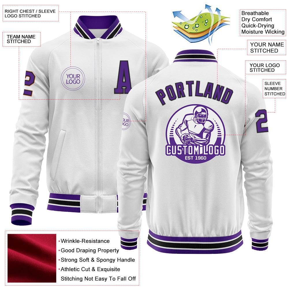 Custom White Purple-Black Bomber Varsity Letterman Zipper Jacket view 4