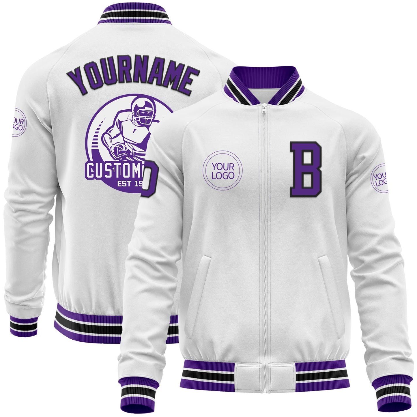 Custom White Purple-Black Bomber Varsity Letterman Zipper Jacket - Main View
