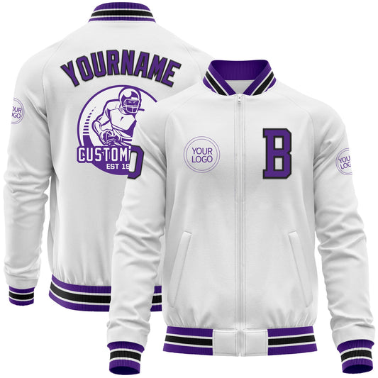 Custom White Purple-Black Bomber Varsity Letterman Zipper Jacket - Main View