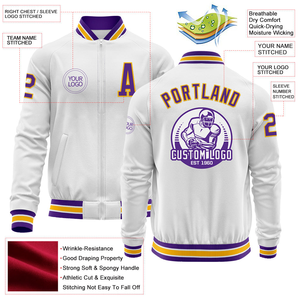 Custom White Purple-Gold Bomber Varsity Letterman Zipper Jacket view 4