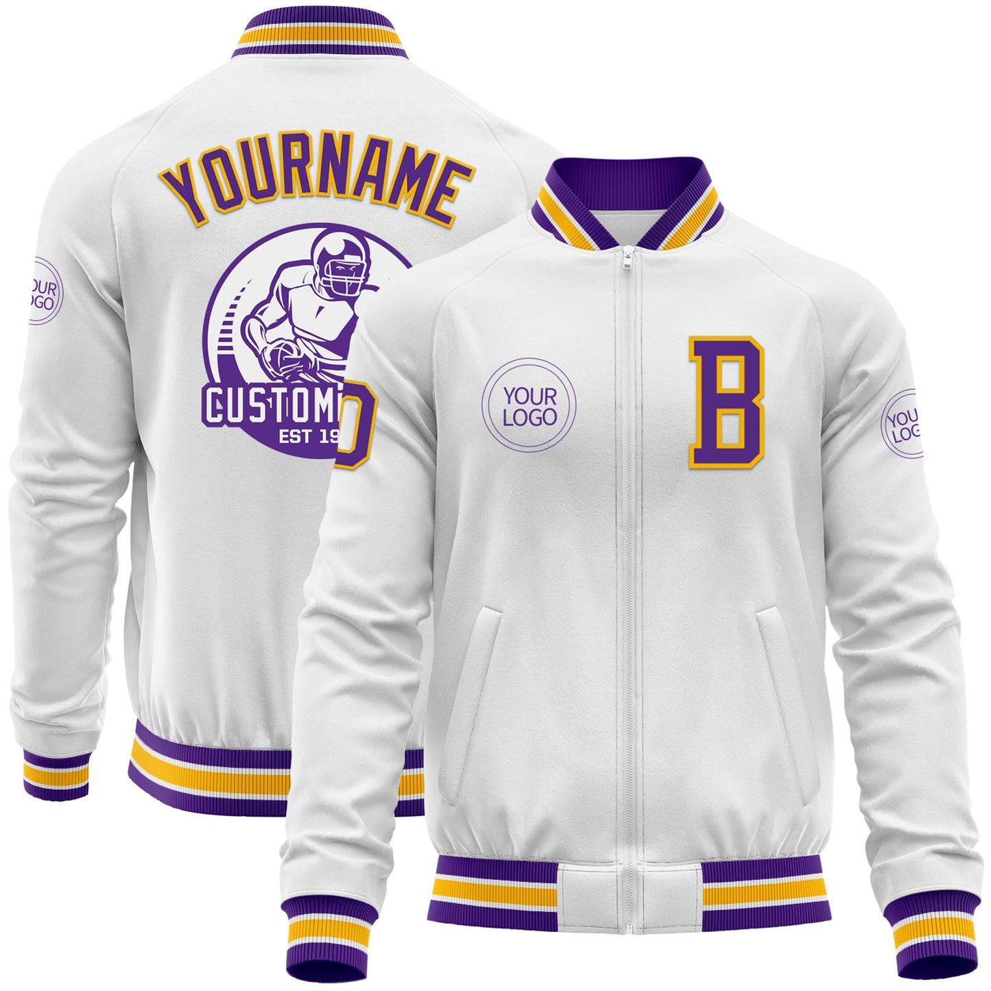 Custom White Purple-Gold Bomber Varsity Letterman Zipper Jacket - Main View