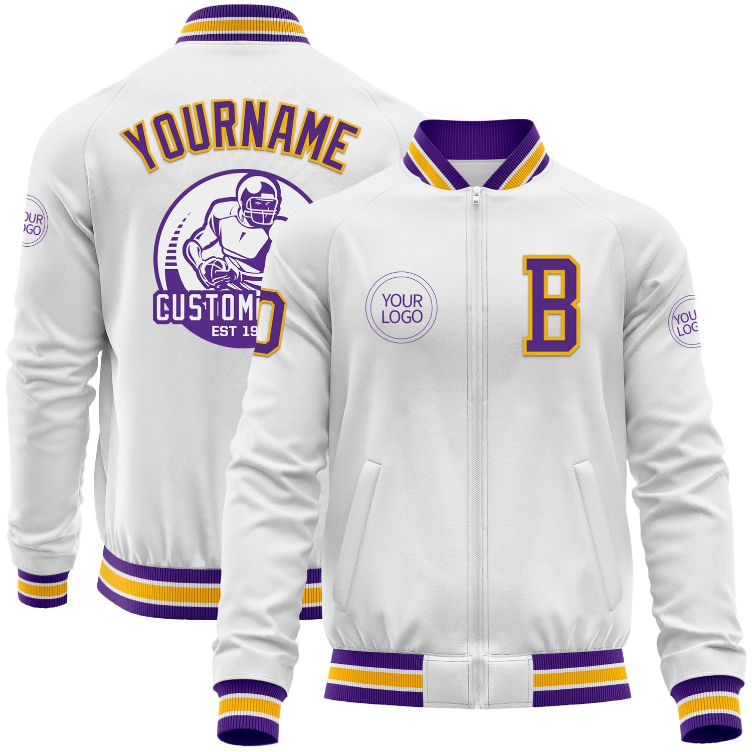 Custom White Purple-Gold Bomber Varsity Letterman Zipper Jacket - Main View