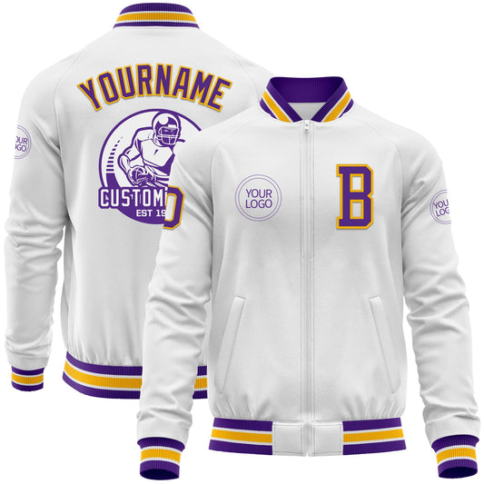 Custom White Purple-Gold Bomber Varsity Letterman Zipper Jacket - Main View