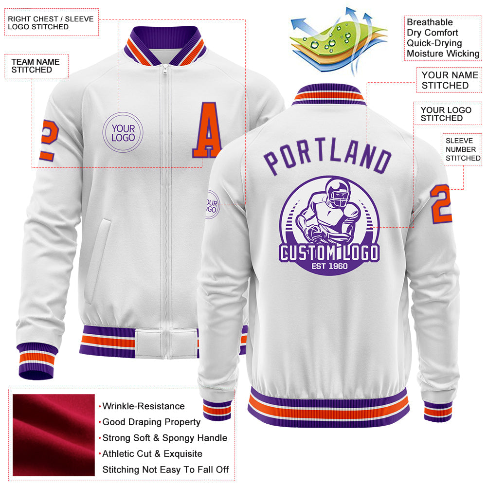 Custom White Orange-Purple Bomber Varsity Letterman Zipper Jacket view 4