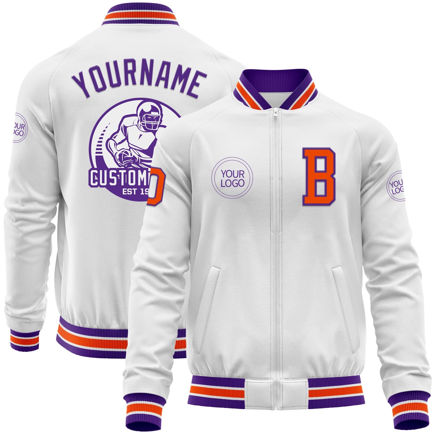 Custom White Orange-Purple Bomber Varsity Letterman Zipper Jacket - Main View