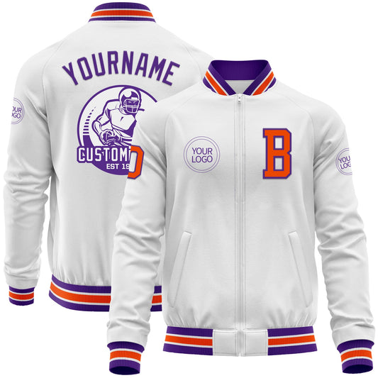 Custom White Orange-Purple Bomber Varsity Letterman Zipper Jacket - Main View