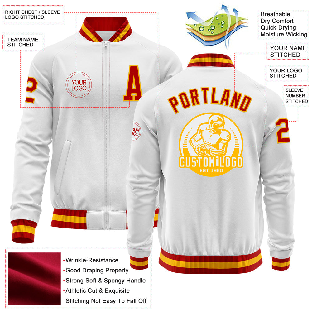 Custom White Red-Gold Bomber Varsity Letterman Zipper Jacket view 4