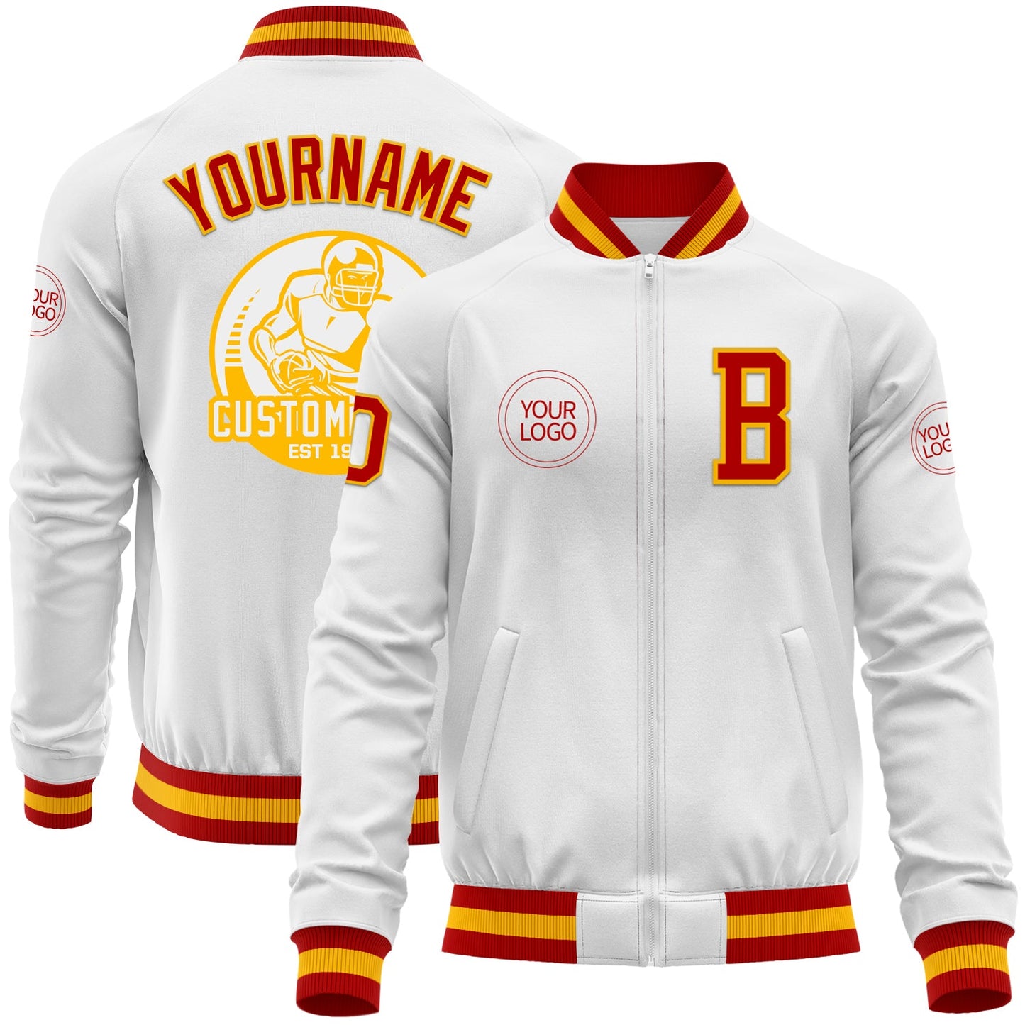 Custom White Red-Gold Bomber Varsity Letterman Zipper Jacket - Main View