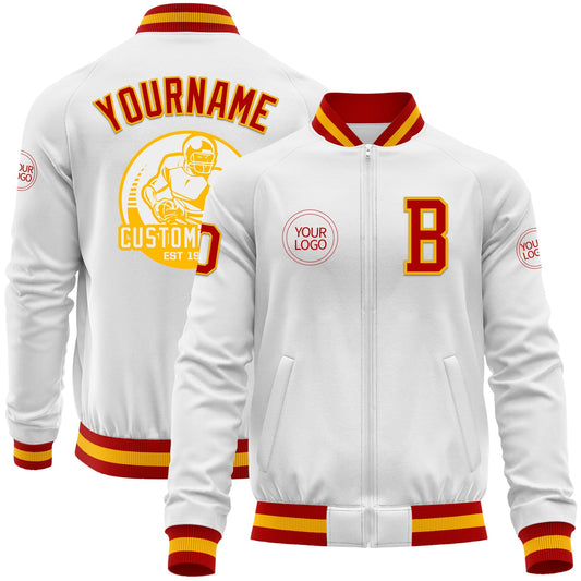 Custom White Red-Gold Bomber Varsity Letterman Zipper Jacket - Main View