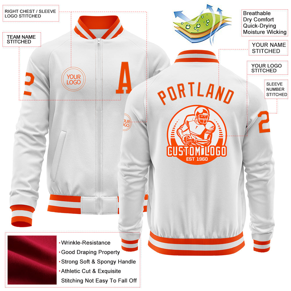 Custom White Orange Bomber Varsity Letterman Zipper Jacket view 4