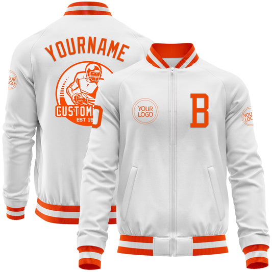 Custom White Orange Bomber Varsity Letterman Zipper Jacket - Main View