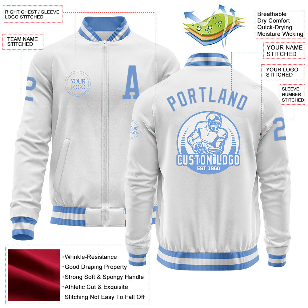 Custom White Light Blue Bomber Varsity Letterman Zipper Jacket view 4
