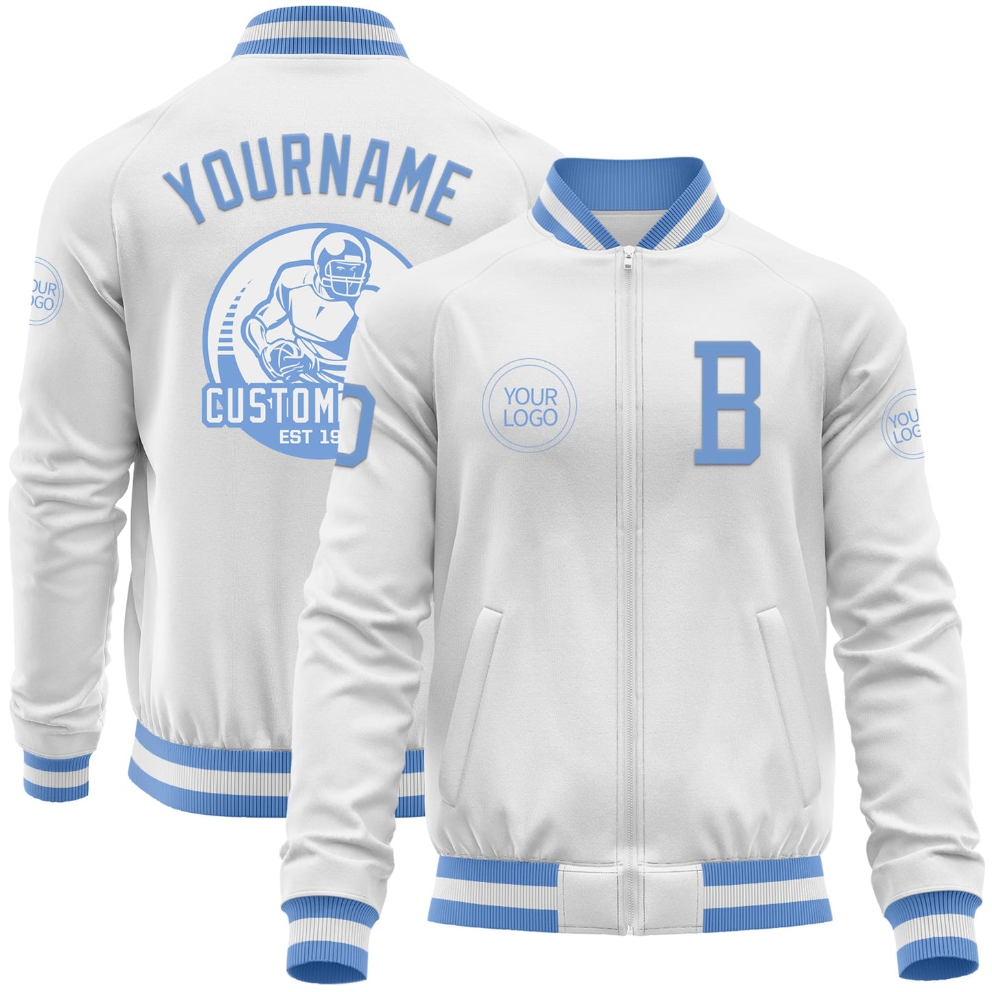 Custom White Light Blue Bomber Varsity Letterman Zipper Jacket - Main View