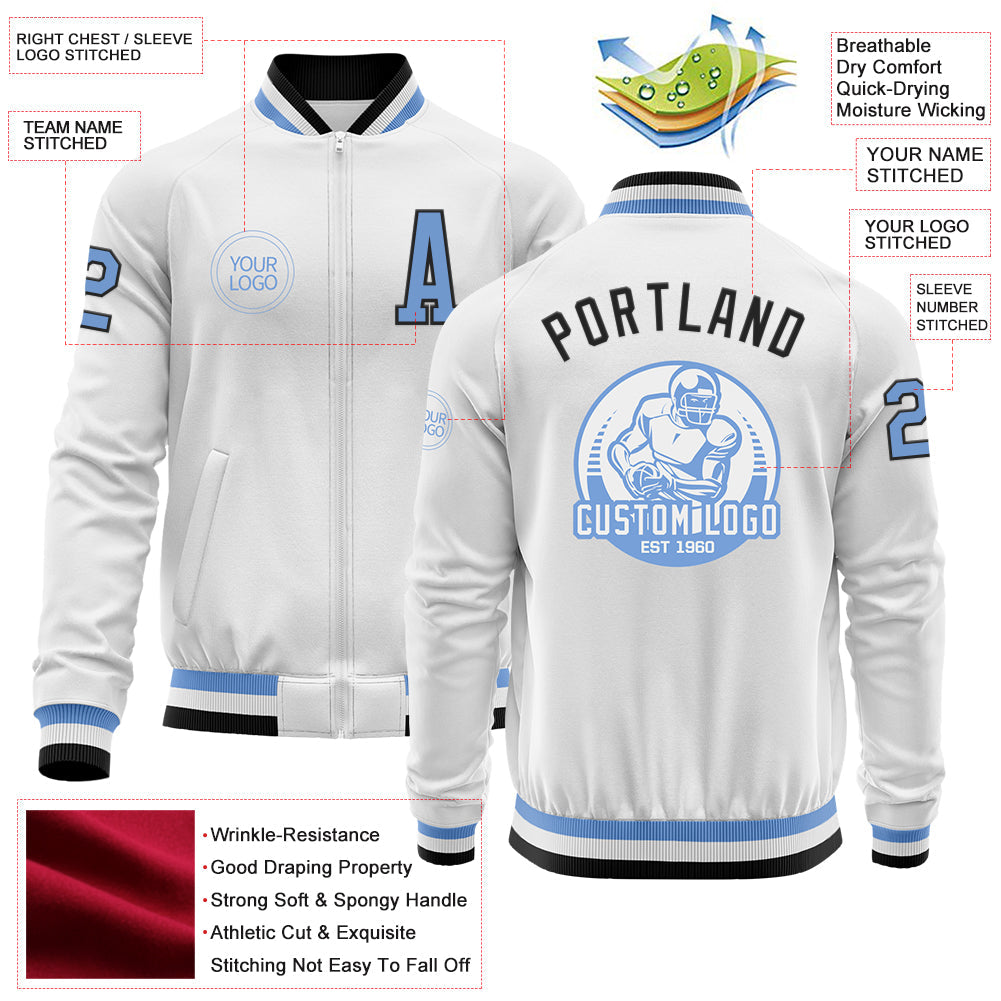 Custom White Light Blue-Black Bomber Varsity Letterman Zipper Jacket view 4