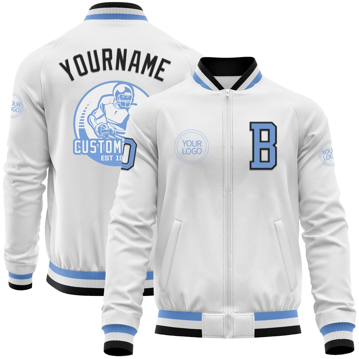 Custom White Light Blue-Black Bomber Varsity Letterman Zipper Jacket - Main View