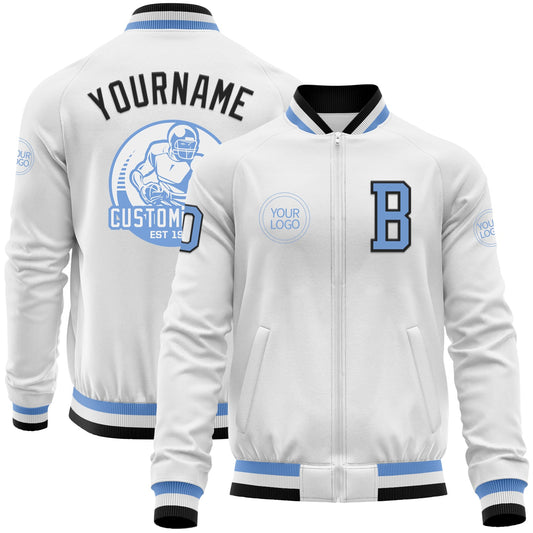 Custom White Light Blue-Black Bomber Varsity Letterman Zipper Jacket - Main View