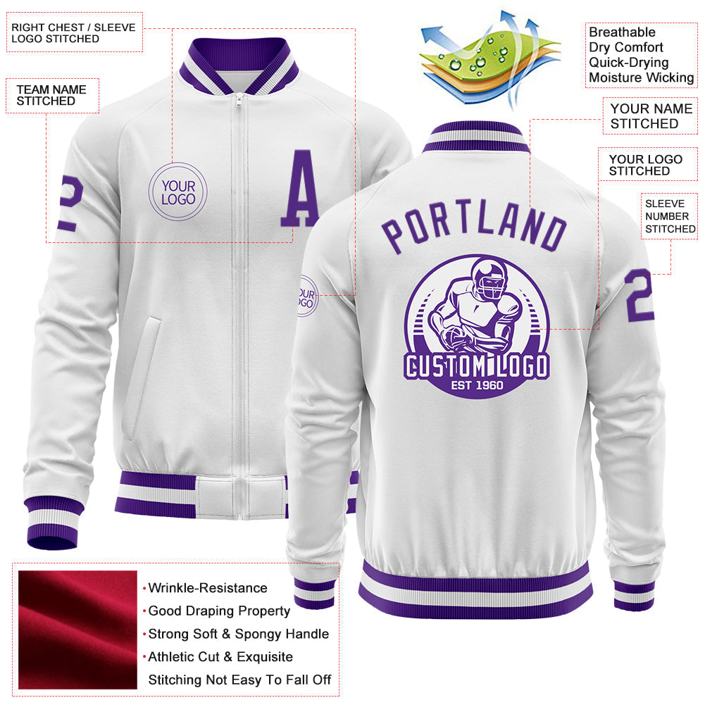 Custom White Purple Bomber Varsity Letterman Zipper Jacket view 4