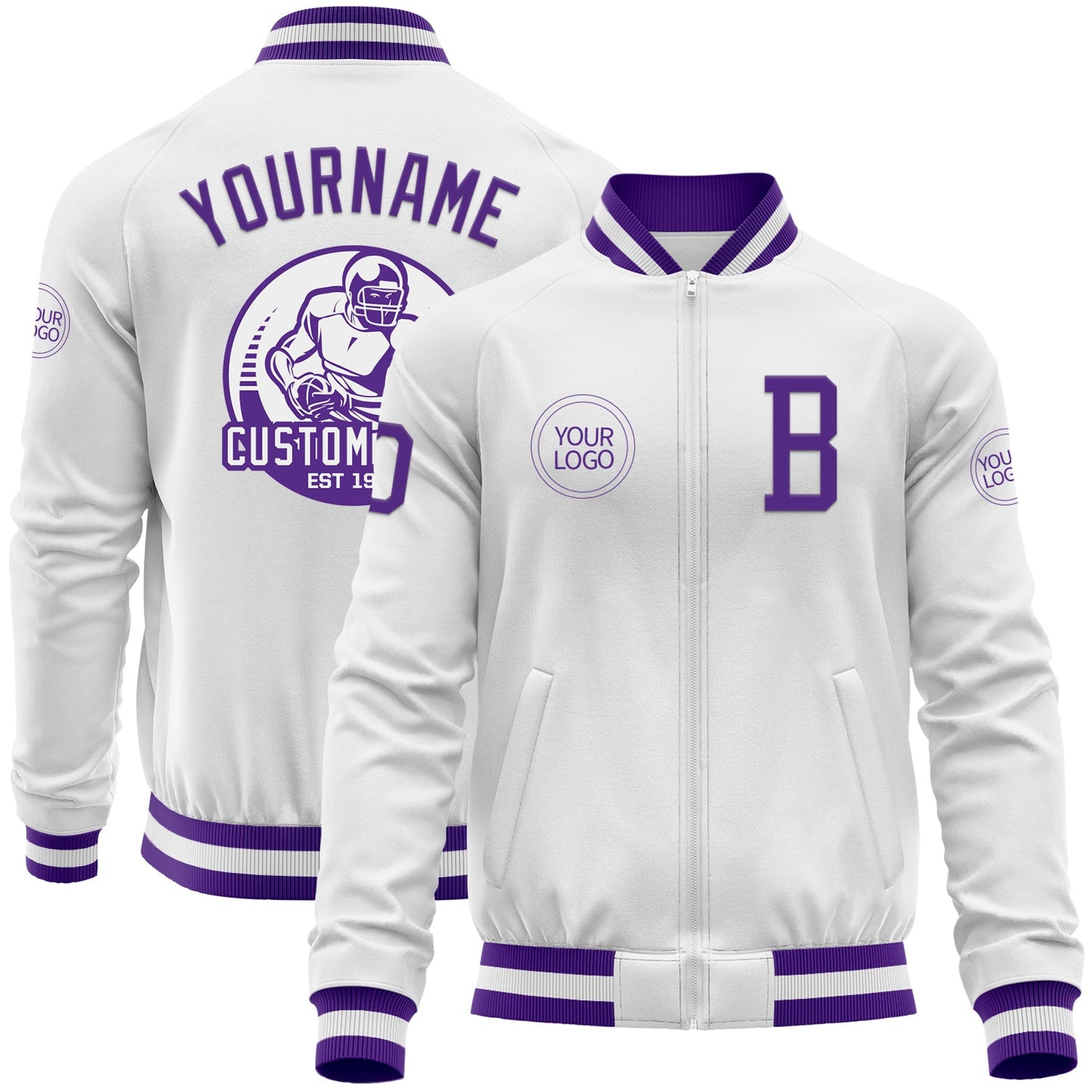 Custom White Purple Bomber Varsity Letterman Zipper Jacket - Main View