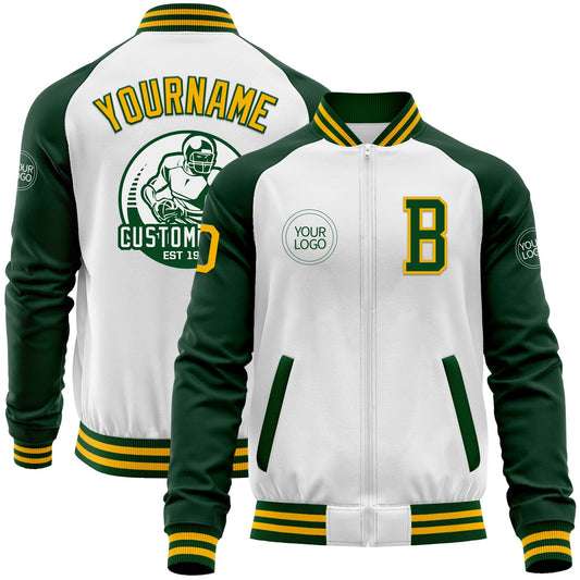 Custom White Gold-Green Bomber Varsity Letterman Two Tone Zipper Jacket - Main View