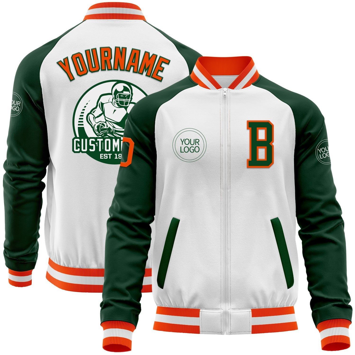 Custom White Orange-Green Bomber Varsity Letterman Two Tone Zipper Jacket - Main View