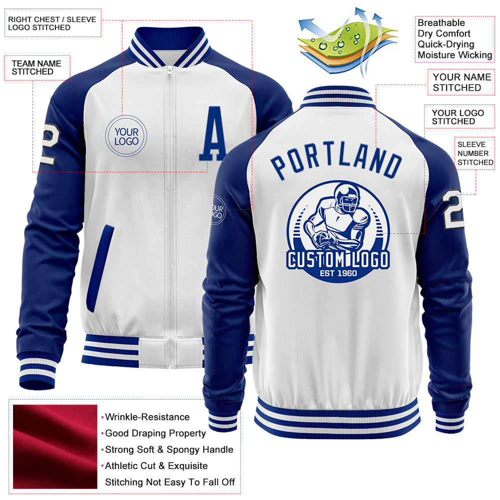 Custom White Royal Bomber Varsity Letterman Two Tone Zipper Jacket view 4