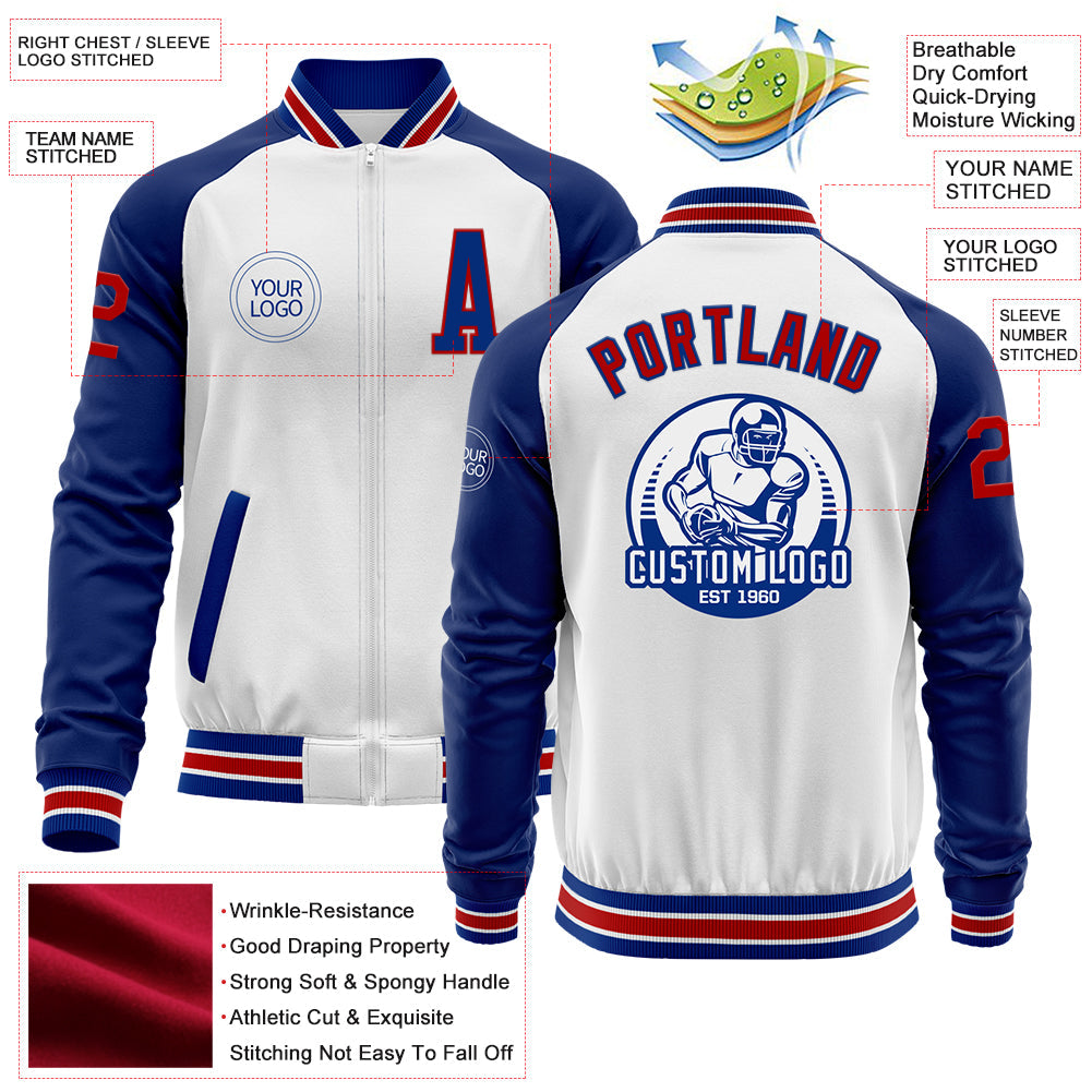 Custom White Red-Royal Bomber Varsity Letterman Two Tone Zipper Jacket view 4